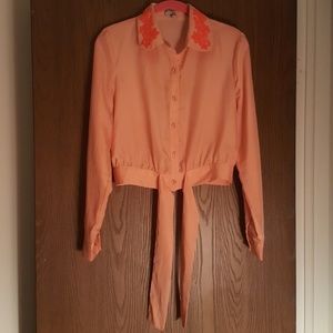 Peach embroidered collar top